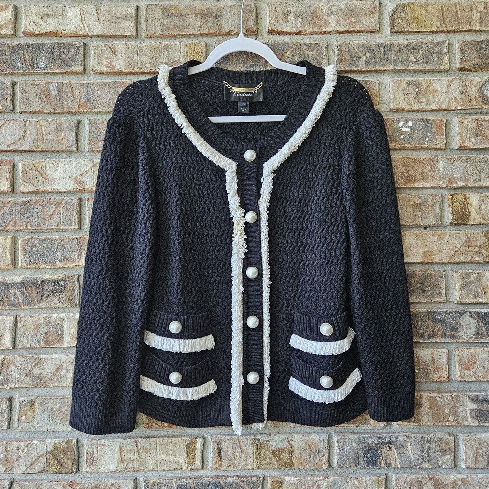 St. John Couture Women's Size 14 Black/White Pearl Button Fringed Jacket USA